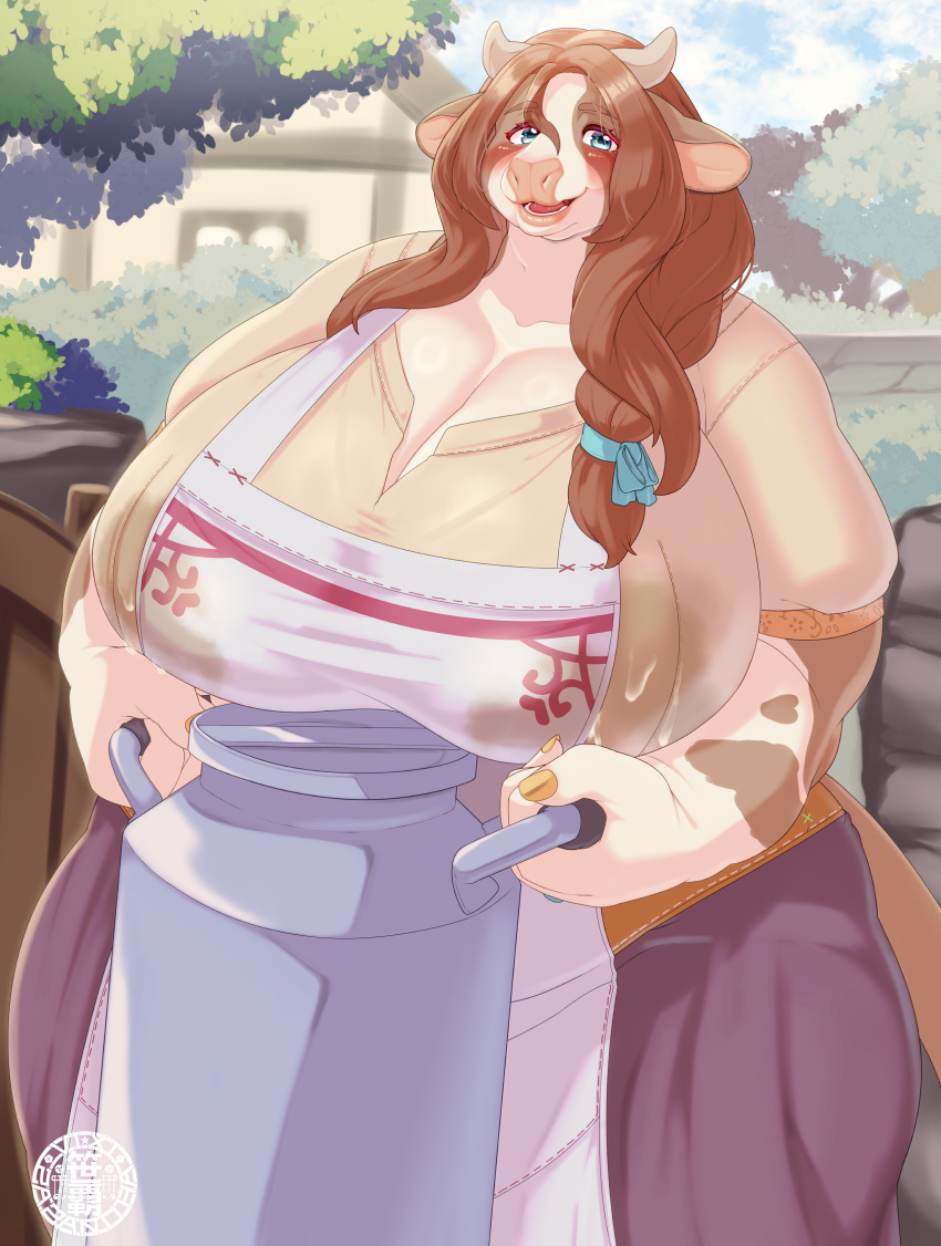 absurd_res anthro apron big_breasts blue_eyes bodily_fluids bovid bovine breasts brown_ears building cattle clothing day female fur grey_horn heart_(marking) hi_res holding_object holding_pitcher horn house huge_breasts implied_lactation lactating lactating_through_clothing looking_at_viewer mammal milk multicolored_body multicolored_fur open_mouth outside pitcher plant sasanoha6011 sky solo standing tree two_tone_body two_tone_fur wet wet_clothing white_body white_fur wide_hips