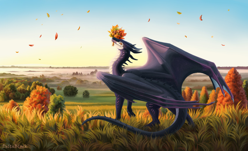 absurd_res ambiguous_feral ambiguous_gender autumn claws deltablackk detailed_background digital_media_(artwork) dragon european_mythology female_(lore) feral field fog grass hi_res horn leaf light lyllandria membrane_(anatomy) membranous_wings mythological_creature mythological_scalie mythology plant quadruped scales scalie smile solo sunrise tail tree western_dragon wings