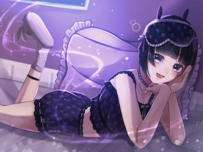 1girl :d animal_slippers ass black_choker black_eyes black_hair black_shirt black_shorts blue_eyes blunt_bangs bunny_slippers choker commentary_request cropped_shirt elbow_rest eye_mask feet_up frilled_shirt frills haka_(yayoi_2431) highres lace-trimmed_shorts lace_trim lens_flare looking_at_viewer loungewear lying mask mask_on_head nijisanji on_stomach pillow ribbon-trimmed_shorts ribbon_trim shirt short_hair shorts sleep_mask sleeveless sleeveless_shirt slippers smile socks solo tsukino_mito tsukino_mito_(18th_costume) virtual_youtuber