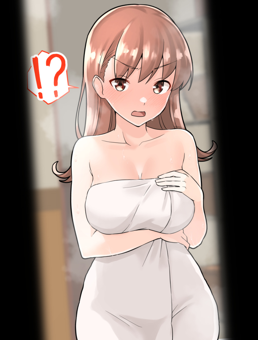 !? 1girl after_bathing blurry blurry_background breasts brown_eyes brown_hair furaggu_(frag_0416) highres kantai_collection large_breasts long_hair looking_at_viewer ooi_(kancolle) pov_doorway solo speech_bubble spoken_interrobang standing surprised