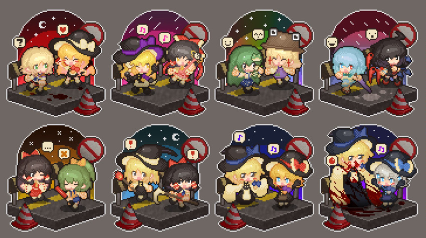 ! ... 6+girls ahoge asymmetrical_wings bad_id bad_twitter_id black_eyes black_hair black_hat black_skirt black_vest blonde_hair blood blood_splatter blue_bow blue_eyes blue_wings bow brown_hat buttons chibi closed_eyes cookie_(touhou) cross daiyousei diyusi_(cookie) dual_persona frog_hair_ornament full_body gogogo_(cookie) green_eyes green_hair grey_background grey_hair hair_bow hair_ornament hakurei_reimu hat hat_bow heterochromia high_ponytail highres holding holding_scythe holding_torch houjuu_nue isometric joker_(cookie) kaibara_elena_(cookie) kaiten_gunshuu_no_kage kirisame_marisa kochiya_sanae long_hair looking_at_another medium_bangs medium_hair meguru_(cookie) meimei_(cookie) mioto_(cookie) mizuhashi_parsee moriya_suwako multiple_girls musical_note noel_(cookie) one_eye_closed open_mouth paseri_(cookie) pixel_art pointy_ears red_bow red_eyes red_wings rei_(cookie) road road_sign sananana_(cookie) scythe short_hair sign simple_background skirt skirt_set sleeves_past_fingers sleeves_past_wrists smile spoken_ellipsis spoken_exclamation_mark spoken_expression spoken_musical_note spoken_x suzu_(cookie) tatara_kogasa togashi_(cookie) torch touhou traffic_barrier traffic_baton traffic_cone vest wand white_bow wings witch_hat yellow_bow yin_yang yuuhi_(cookie)