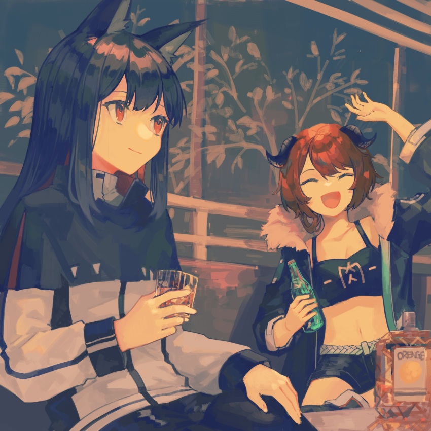 2girls :d ^_^ alcohol animal_ear_fluff animal_ears arknights arm_up black_capelet black_hair black_jacket black_shorts bottle breasts brown_hair capelet cleavage closed_eyes closed_mouth croissant_(arknights) crop_top cup drinking_glass fur-trimmed_jacket fur_trim highres holding holding_bottle holding_cup horns indoors jacket long_hair long_sleeves looking_at_another midriff miike_(992058) multiple_girls navel open_clothes open_jacket open_mouth pantyhose red_eyes red_hair short_hair short_shorts shorts shot_glass sitting smile texas_(arknights) white_jacket wolf_ears