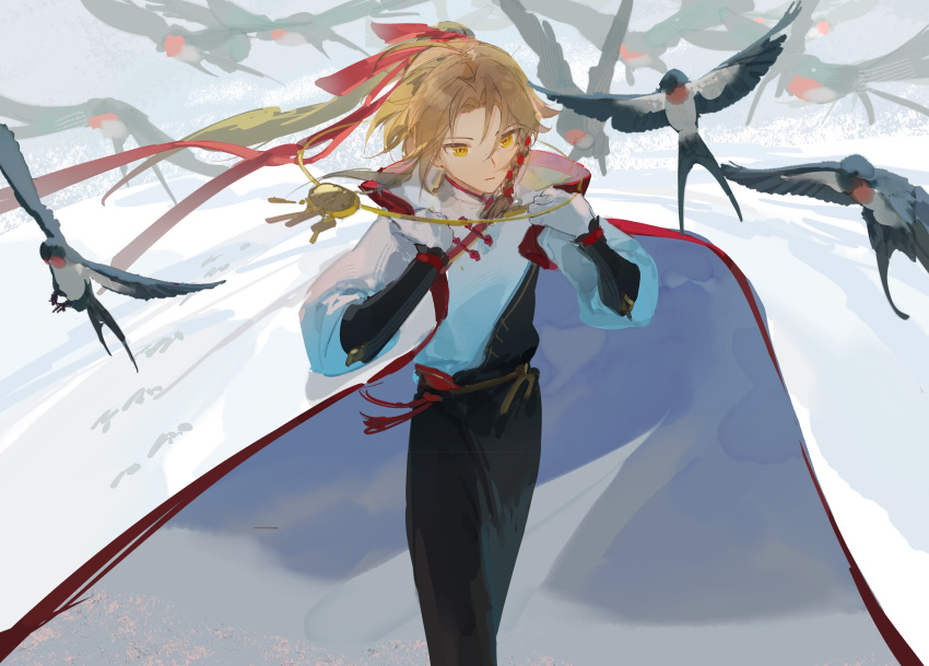 1boy absurdres bird black_pants blonde_hair cape chinese_commentary closed_mouth commentary_request hair_ribbon highres honkai:_star_rail honkai_(series) jewelry long_hair long_sleeves male_focus necklace pants ponytail rafaelaaa red_ribbon ribbon simple_background solo standing white_background yanqing_(honkai:_star_rail) yellow_eyes