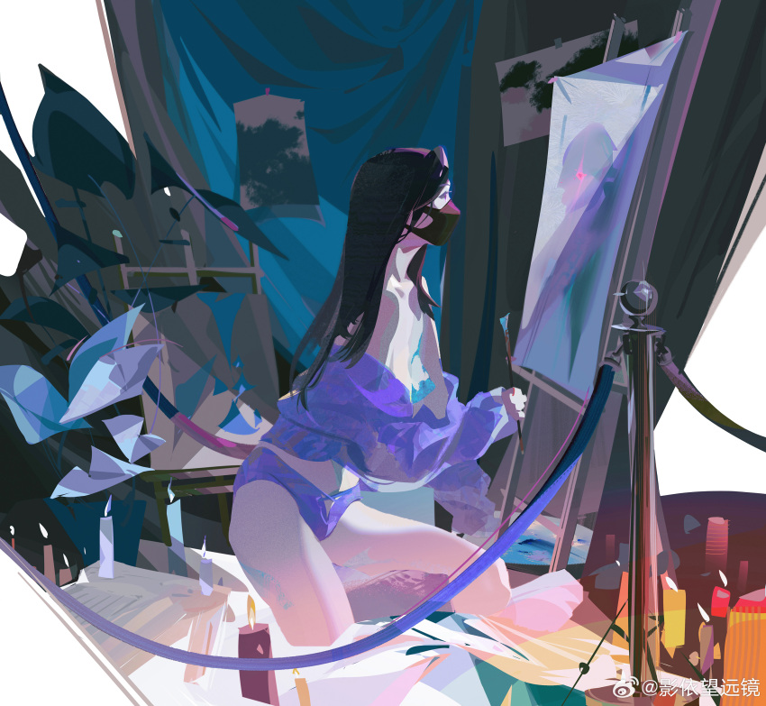 1girl absurdres bare_legs bare_shoulders black_hair breasts candle canvas_(object) chinese_commentary commentary_request curtains easel from_side highres holding holding_paintbrush indoors jacket kneeling long_hair long_sleeves mask mouth_mask off_shoulder original paintbrush panties paper purple_jacket purple_panties shirt small_breasts solo tail underwear weibo_logo weibo_username ying_yi