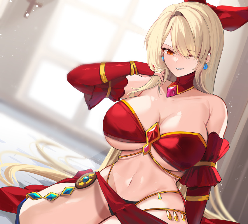 1girl absurdres bare_shoulders blonde_hair bow breasts character_request cleavage commentary commission detached_sleeves diamond_(shape) dungeon_and_fighter earrings gem hair_bow hair_over_one_eye highres indoors jewelry large_breasts light_particles long_hair looking_at_viewer mindoll navel one_eye_closed parted_lips red_bow red_eyes red_gemstone sitting smile solo sphere_earrings symbol-only_commentary thighs very_long_hair window