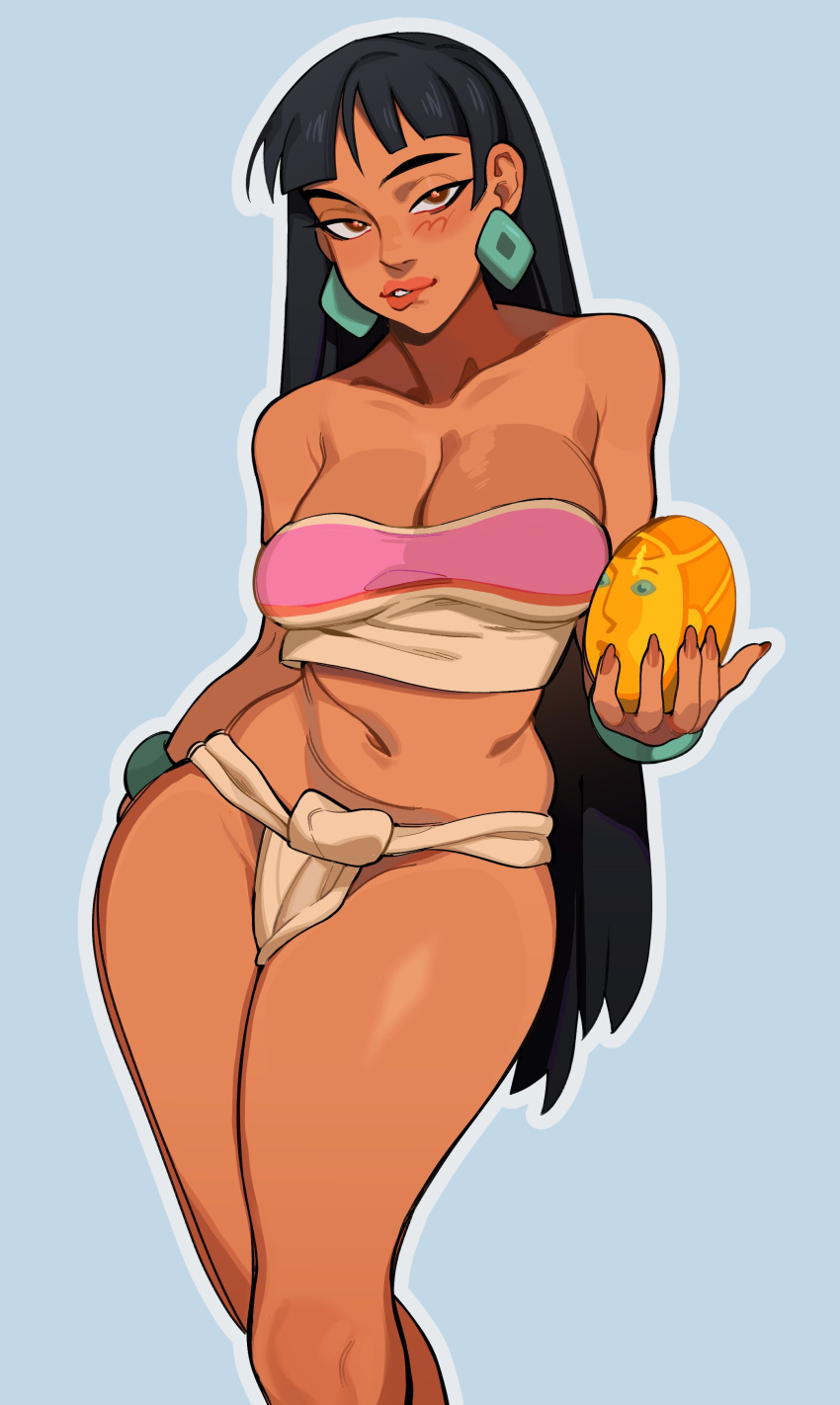 1girl absurdres back_hair bare_legs biting_own_lip blue_background blunt_bangs breasts brown_eyes chel_(the_road_to_el_dorado) cleavage dark-skinned_female dark_skin earrings feet_out_of_frame highres holding jewelry long_hair medium_breasts navel porqueloin red_lips simple_background solo standing stomach strapless the_road_to_el_dorado thighs tube_top white_loincloth