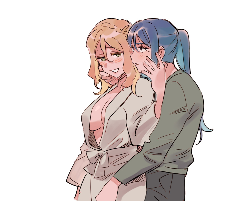 2girls bathrobe blue_hair blush breasts cleavage commentary_request cowboy_shot green_eyes green_shirt grey_pants grey_robe hand_on_another's_face highres hug hug_from_behind korean_commentary large_breasts long_hair long_sleeves looking_at_another love_live! love_live!_sunshine!! matsuura_kanan multiple_girls ohara_mari pants parted_lips pito_(sh02327) ponytail robe shirt simple_background smile white_background yuri