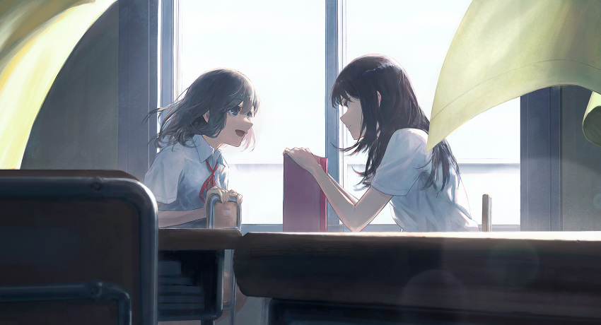 2girls blue_eyes brown_eyes brown_hair classroom collared_shirt curtains desk hair_between_eyes highres indoors long_hair multiple_girls on_chair open_mouth original red_ribbon ribbon school_uniform shirt sitting sitting_backwards smile tokaki white_shirt window