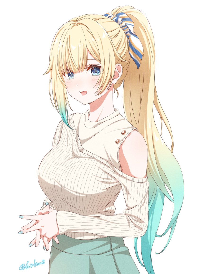 1girl :d absurdres aizawa_ema bare_shoulders blonde_hair blue_eyes blue_hair blue_nails blush bow breasts cowboy_shot dot_nose fuusuke_(fusuke208) gradient_hair green_skirt hair_bow high-waist_skirt high_ponytail highres interlocked_fingers large_breasts layered_clothes long_hair looking_at_viewer multicolored_hair nail_polish off_shoulder open_mouth own_hands_together ribbed_shirt shirt shirt_tucked_in sidelocks simple_background skirt sleeveless sleeveless_shirt smile solo virtual_youtuber vspo! white_background white_shirt
