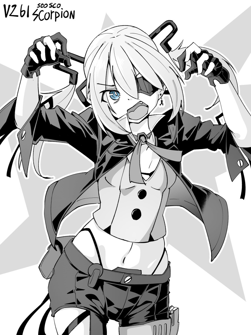 1girl absurdres blue_eyes breasts character_name cowboy_shot earrings eyepatch fang girls'_frontline gloves greyscale hair_between_eyes hands_up highres jacket jewelry long_hair midriff minami_shin_(zenshuu_bougyo) monochrome navel open_clothes open_jacket open_mouth partially_fingerless_gloves shorts simple_background skorpion_(girls'_frontline) small_breasts solo spot_color twintails