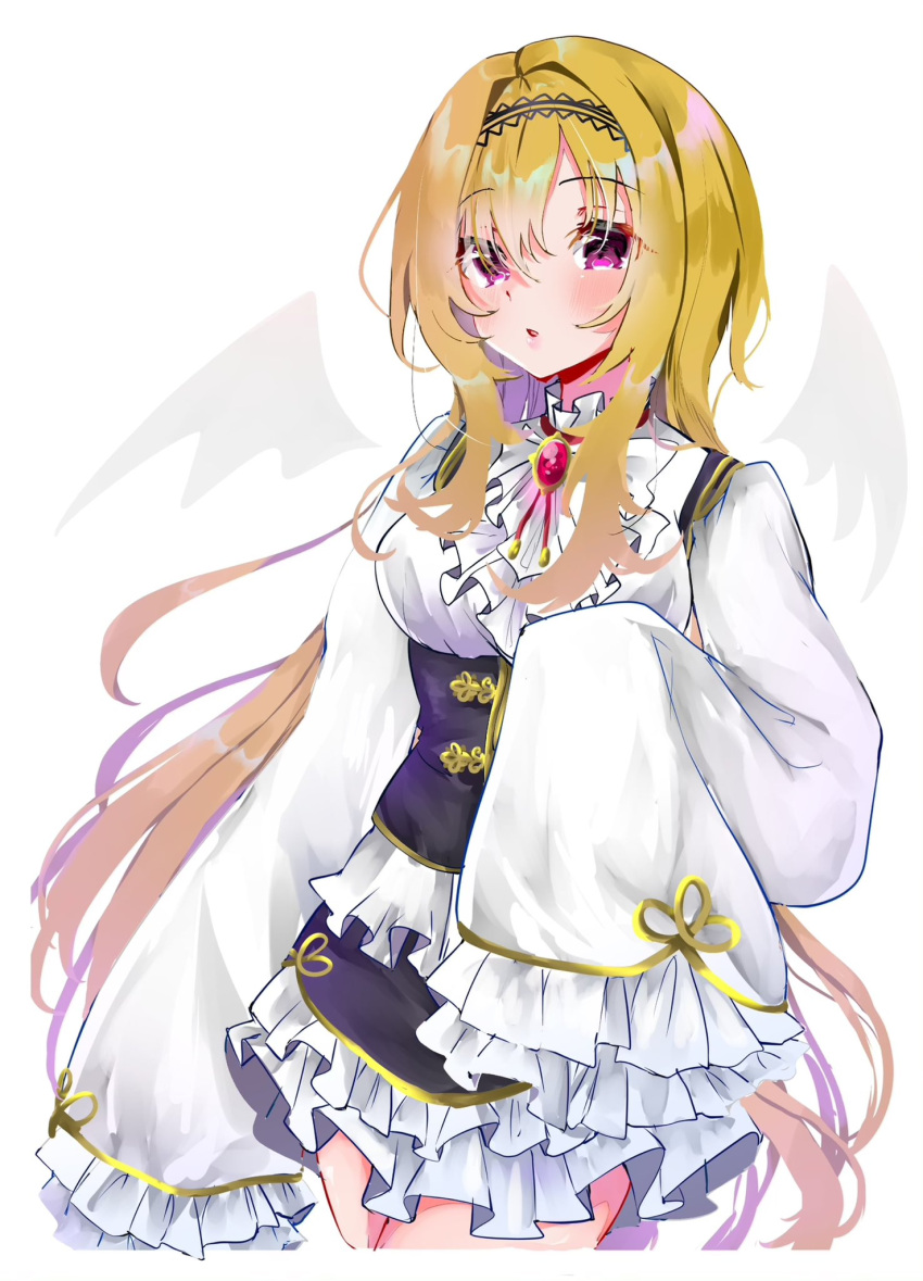1girl ascot black_hairband blonde_hair blush breasts corset cowboy_shot dress frilled_dress frills gold_trim hair_between_eyes hairband highres idolmaster idolmaster_cinderella_girls idolmaster_cinderella_girls_starlight_stage kurosaki_chitose large_breasts layered_dress long_hair long_sleeves looking_at_viewer miniskirt parted_lips purple_corset red_brooch red_eyes simple_background skirt sleeves_past_fingers sleeves_past_wrists solo standing underbust very_long_hair white_ascot white_background white_dress wide_sleeves yuanagae