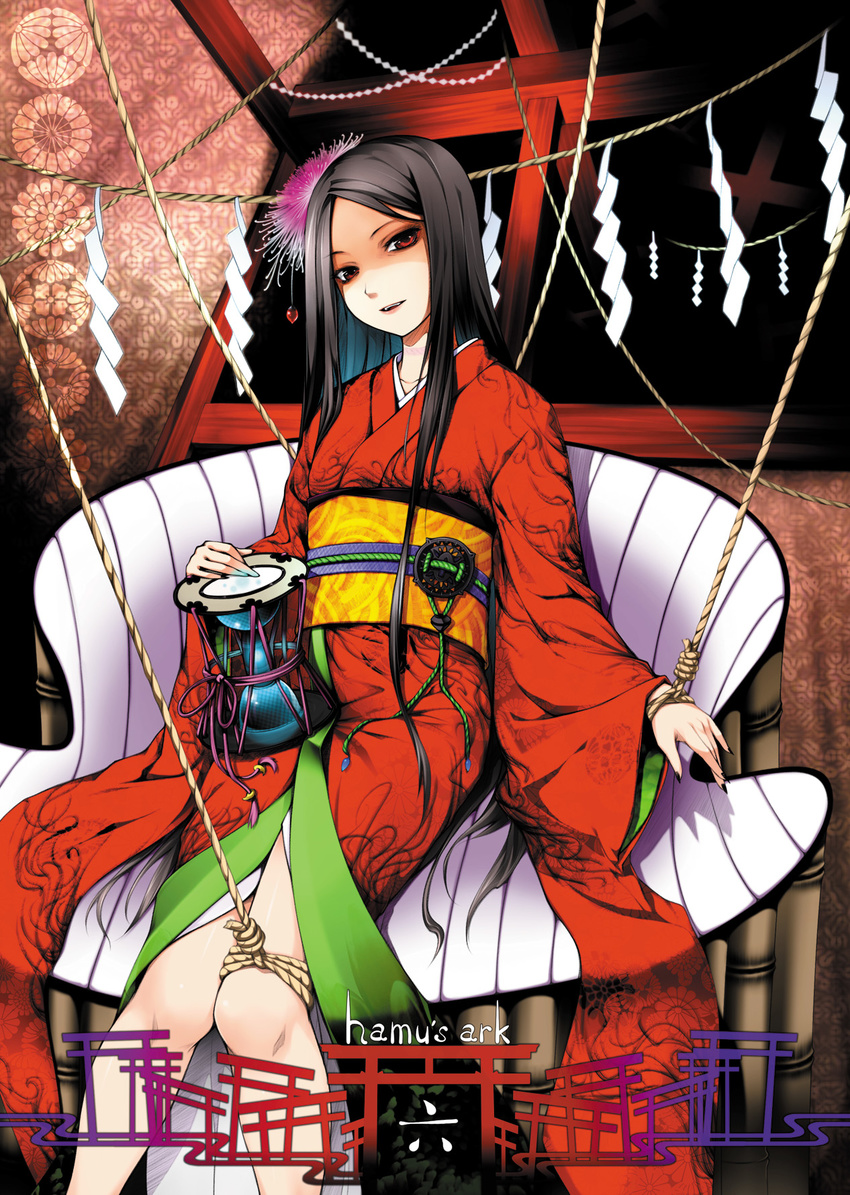 bad_id bad_pixiv_id bdsm black_hair bondage bound chair drum hair_ornament head_tilt highres instrument japanese_clothes kimono lantern long_hair looking_at_viewer nail_polish obi ooji original red_eyes ribbon rope sash shide sitting smile solo tied_up torii very_long_hair