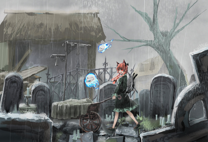 1girl animal_ears bare_tree bow braid candle cat_ears cat_tail commentary dress flaming_skull floating_skull grave graveyard green_dress hair_bow highres kaenbyou_rin long_hair long_sleeves multiple_tails nekomata open_mouth rain red_eyes red_hair skull smile solo tail tombstone touhou tree twin_braids two_tails wheelbarrow zhuxie1264852