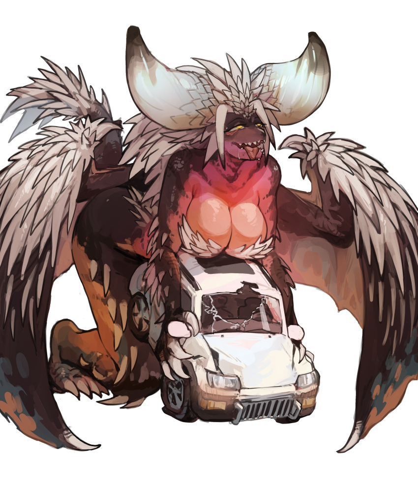 1girl absurdres colored_skin dragons_fucking_cars_(meme) highres horns implied_futanari meme miao_jiangyou monster_girl monster_hunter_(series) nergigante open_mouth orange_skin sharp_teeth solo spiked_arm spiked_tail spiked_wings tail teeth yellow_eyes