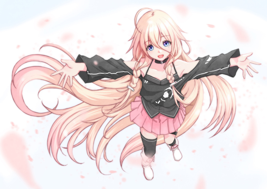 1girl :d ahoge asymmetrical_legwear black_choker black_shirt black_tank_top black_thighhighs blonde_hair blue_eyes boots braid cevio choker dot_nose english_commentary full_body highres ia_(vocaloid) long_hair looking_at_viewer loose_clothes loose_shirt mixed-language_commentary open_mouth outstretched_arms petals pink_petals pink_skirt sauzanto shirt single_thighhigh skirt smile solo standing tank_top thigh_strap thighhighs tongue twin_braids very_long_hair vocaloid white_footwear