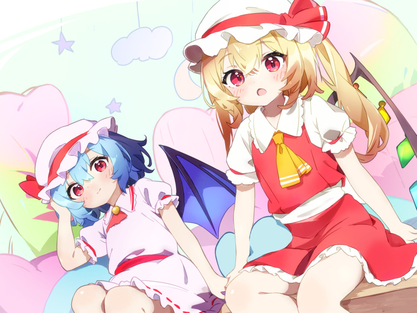 2girls :o against_wall alternate_hair_length alternate_hairstyle ascot bat_wings blonde_hair blue_hair bow brooch chikuzen1996 cloud collared_shirt crescent crossed_bangs crystal dot_nose flandre_scarlet frilled_shirt_collar frilled_skirt frilled_sleeves frills gradient_hair hair_between_eyes hand_on_own_head hat hat_bow hat_ribbon highres holding_hands indoors jewelry light_blush long_hair medium_hair mob_cap multicolored_hair multiple_girls pink_eyes pink_shirt pink_skirt puffy_short_sleeves puffy_sleeves red_ascot red_bow red_ribbon red_skirt red_vest remilia_scarlet ribbon shirt short_sleeves sidelocks sitting skirt skirt_set smile star_(symbol) touhou twintails vest wings yellow_ascot