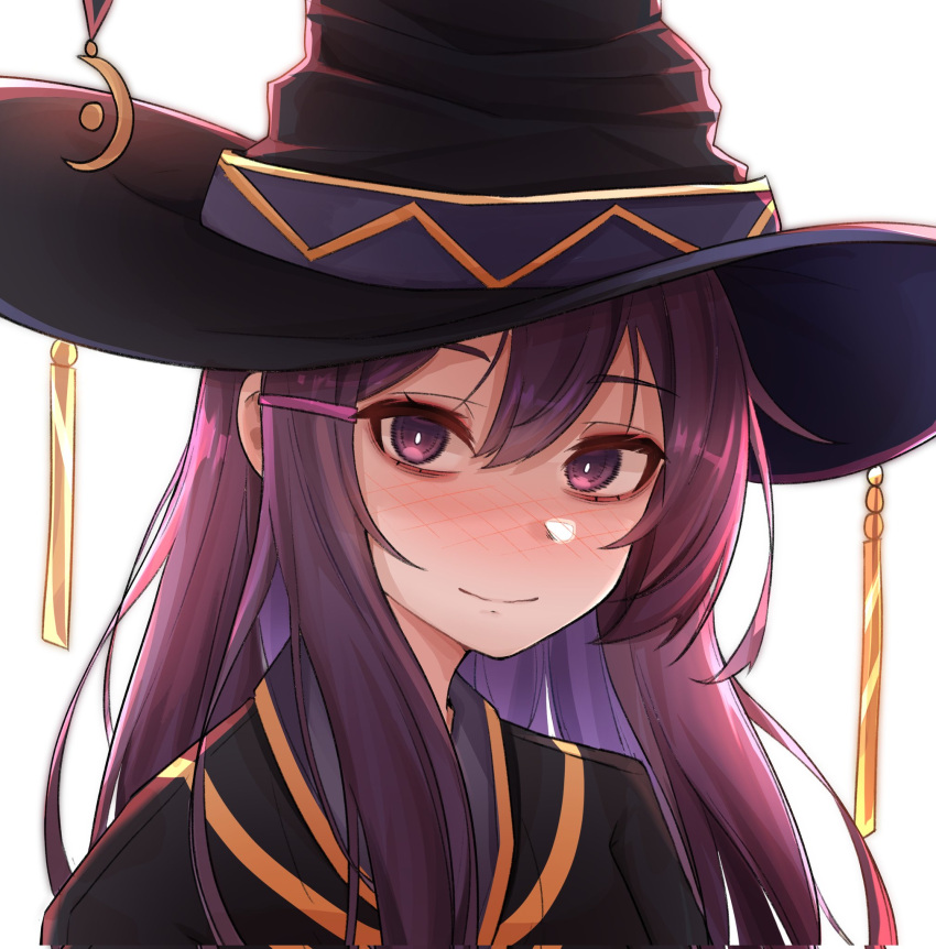 1girl alternate_costume black_dress black_hat blush bright_pupils close-up closed_mouth commentary commission crescent crescent_hat_ornament doki_doki_literature_club dress hair_between_eyes hair_ornament hair_over_shoulder hairclip hat hat_ornament highres himalay39535136 long_hair looking_at_viewer nose_blush portrait purple_eyes purple_hair second-party_source simple_background smile solo tassel white_background white_pupils witch witch_hat yuri_(doki_doki_literature_club)