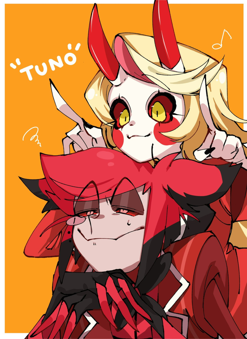 1boy 1girl alastor_(hazbin_hotel) black_hair blonde_hair charlie_morningstar colored_sclera commentary english_commentary english_text formal hand_rest hazbin_hotel head_rest highres honeko_06 long_hair monochrome multicolored_hair red_eyes red_hair red_sclera short_hair simple_background smile suit upper_body yellow_background yellow_sclera