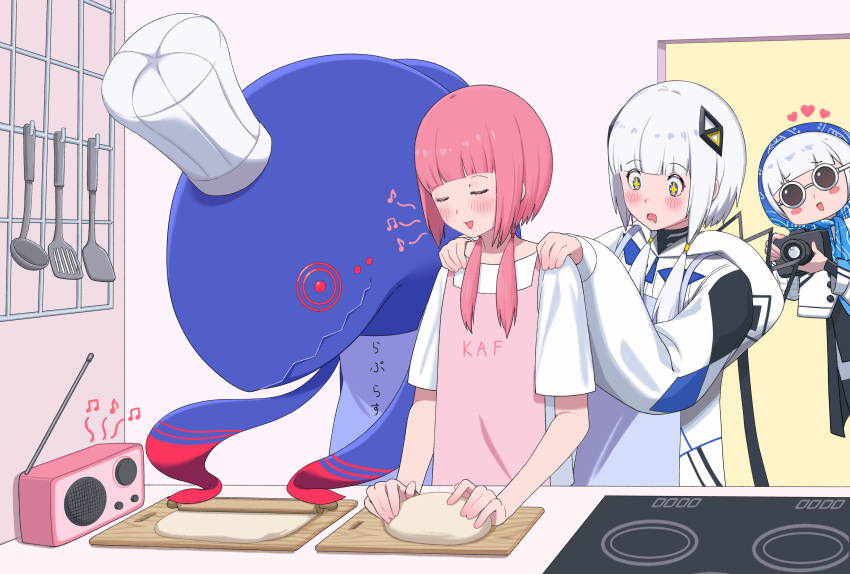 +_+ 3girls absurdres apron baking behind_another blue_apron blunt_bangs blush blush_stickers camera cevio chef_hat commentary_request cutting_board daradara_art diamond_hair_ornament dough drooling dual_persona hair_over_shoulder hands_on_another's_shoulders haru_(cevio) hat head_scarf heart highres holding holding_camera hood hood_down hooded_jacket jacket kaf_(kamitsubaki_studio) kafu_(cevio) kamitsubaki_studio kitchen kneading_dough ladle laplace_(kamitsubaki_studio) looking_at_food low_twintails mouth_drool multiple_girls music musical_note open_mouth pink_apron pink_hair radio rolling_pin round_eyewear shirt short_sleeves singing smile spatula stalking stove sunglasses t-shirt twintails white_hair white_jacket white_shirt