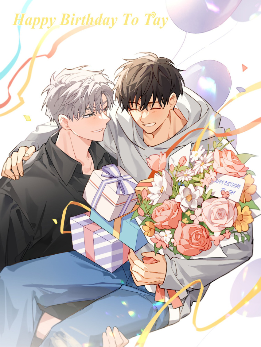 2boys balloon bouquet brown_hair carrying carrying_person closed_eyes confetti denim feet_out_of_frame flower gift happy_birthday highres hood hoodie ilay_riegrow jeans jeong_taeui k_sui0424 male_focus multiple_boys pants passion_(manhwa) single_arm_hug smile teeth white_background white_hair white_hoodie yaoi