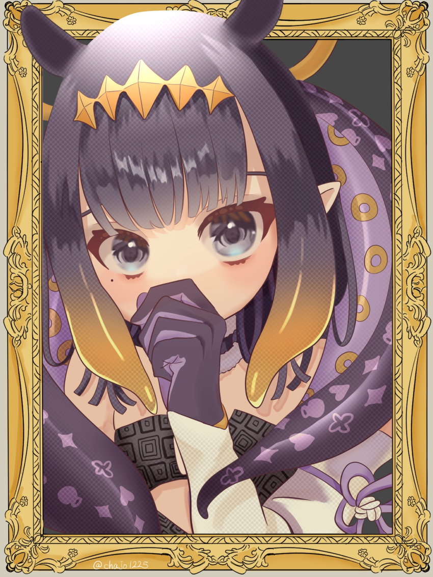 1girl blue_eyes border chajo1225 eyelashes gloves highres hololive hololive_english light_blush long_hair looking_at_viewer mole mole_under_eye ninomae_ina'nis ninomae_ina'nis_(1st_costume) orange_hair ornate_border outside_border picture_frame pointy_ears portrait purple_hair solo tentacle_hair tentacles virtual_youtuber