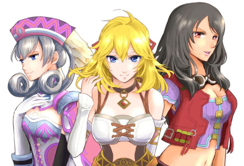 3girls blue_eyes breasts cape cleavage closed_mouth crop_top curly_hair dress fiora_(xenoblade) gloves grey_hair hat head_wings long_hair long_sleeves looking_at_viewer medium_breasts melia_antiqua mizss mole mole_under_mouth multiple_girls open_mouth sharla_(xenoblade) simple_background smile white_background wings xenoblade_chronicles_(series) xenoblade_chronicles_1