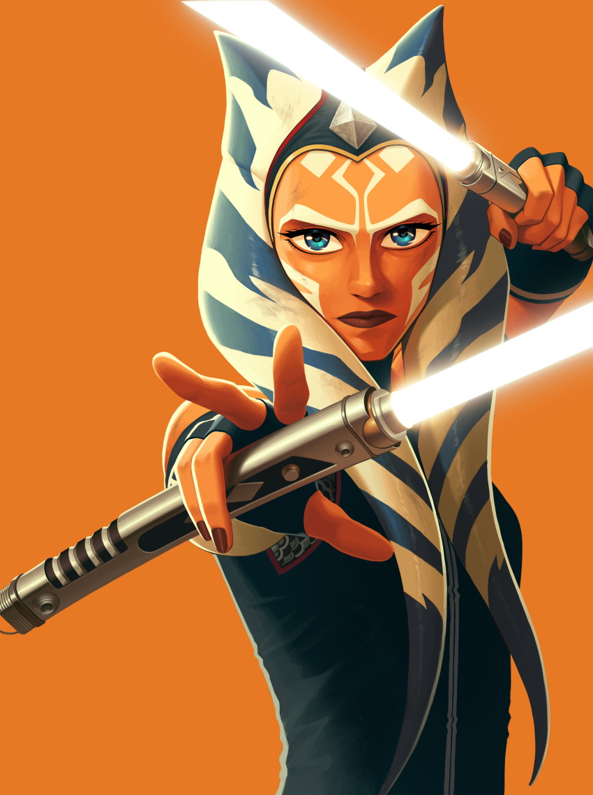 1girl 5health absurdres ahsoka_tano alien blue_eyes blue_tunic blue_vest colored_skin dual_wielding energy_sword fingerless_gloves gloves highres holding holding_lightsaber lekku_(anatomy) lightsaber looking_at_viewer orange_skin simple_background solo star_wars sword togruta upper_body vest weapon white_lightsaber