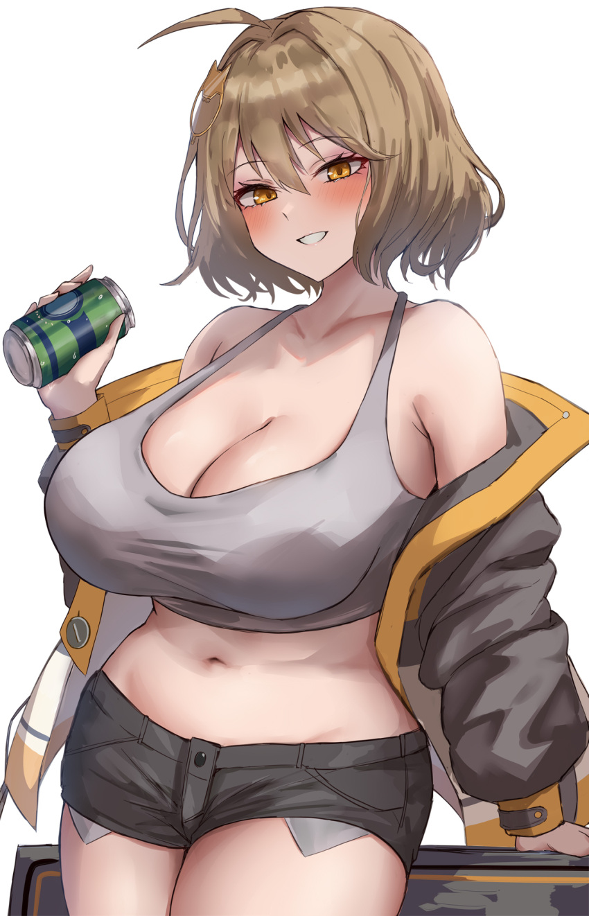 1girl anis_(nikke) bare_shoulders black_jacket black_shorts breasts brown_hair can cleavage cowboy_shot goddess_of_victory:_nikke hair_ornament highres holding holding_can jacket large_breasts long_sleeves navel off_shoulder open_clothes open_jacket satou_aji short_hair short_shorts shorts simple_background solo thighs white_background