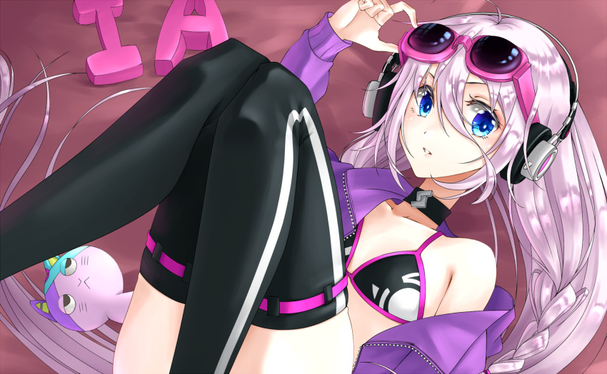 1girl adjusting_eyewear ahoge alternate_costume alternate_hair_color alternate_hairstyle black_bra black_choker black_thighhighs blue_eyes bra braid cevio character_name choker collarbone dot_nose hair_between_eyes hand_on_eyewear haya_shuu headphones highres ia_(vocaloid) jacket long_hair open_clothes open_jacket pink-framed_eyewear pink_hair purple_jacket solo sunglasses teeth thighhighs underwear very_long_hair