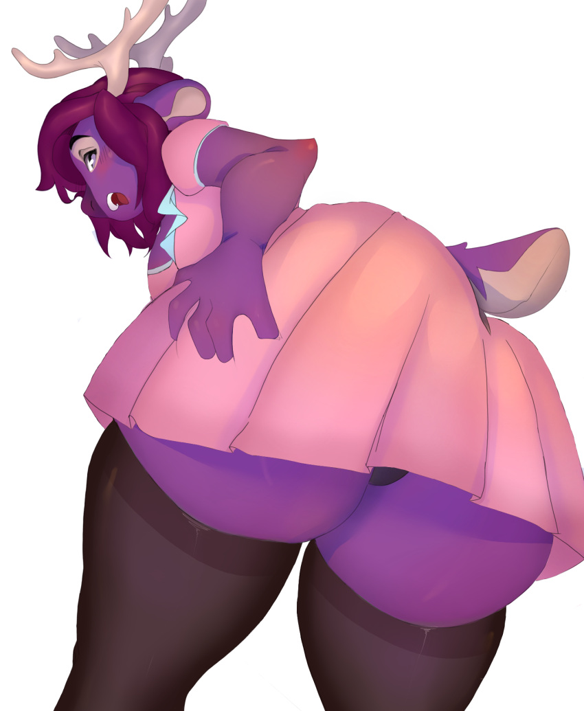 ambiguous_gender anthro antlers anus atanaziamio balls bent_over big_butt blush butt clothed clothing crossdressing deer dress flabby_legs fur genitals girly hair hi_res horn leg_grab legwear low-angle_view male mammal new_world_deer ozzy_(baron-samedi) pink_clothing pink_dress presenting presenting_hindquarters purple_body purple_fur purple_hair reindeer short_dress slightly_chubby solo stockings thick_thighs thigh_grab upskirt