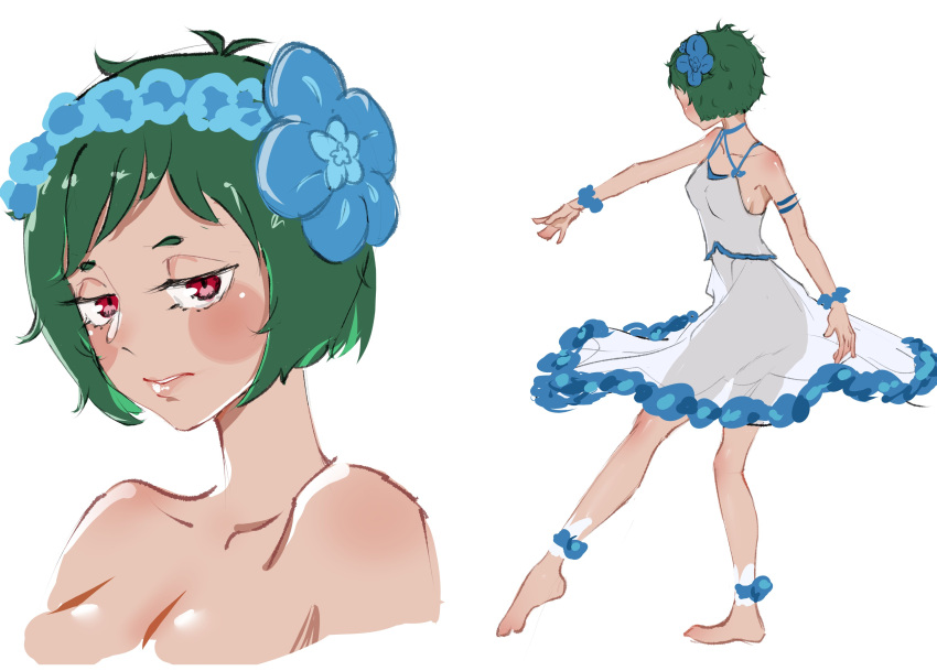 1girl absurdres aged_up babywipes blush_stickers commentary dress english_commentary eyelashes flower full_body green_hair hair_flower hair_ornament highres looking_at_viewer multiple_views parted_lips re:zero_kara_hajimeru_isekai_seikatsu red_eyes see-through see-through_dress short_hair simple_background standing standing_on_one_leg typhon_(re:zero) white_background white_dress