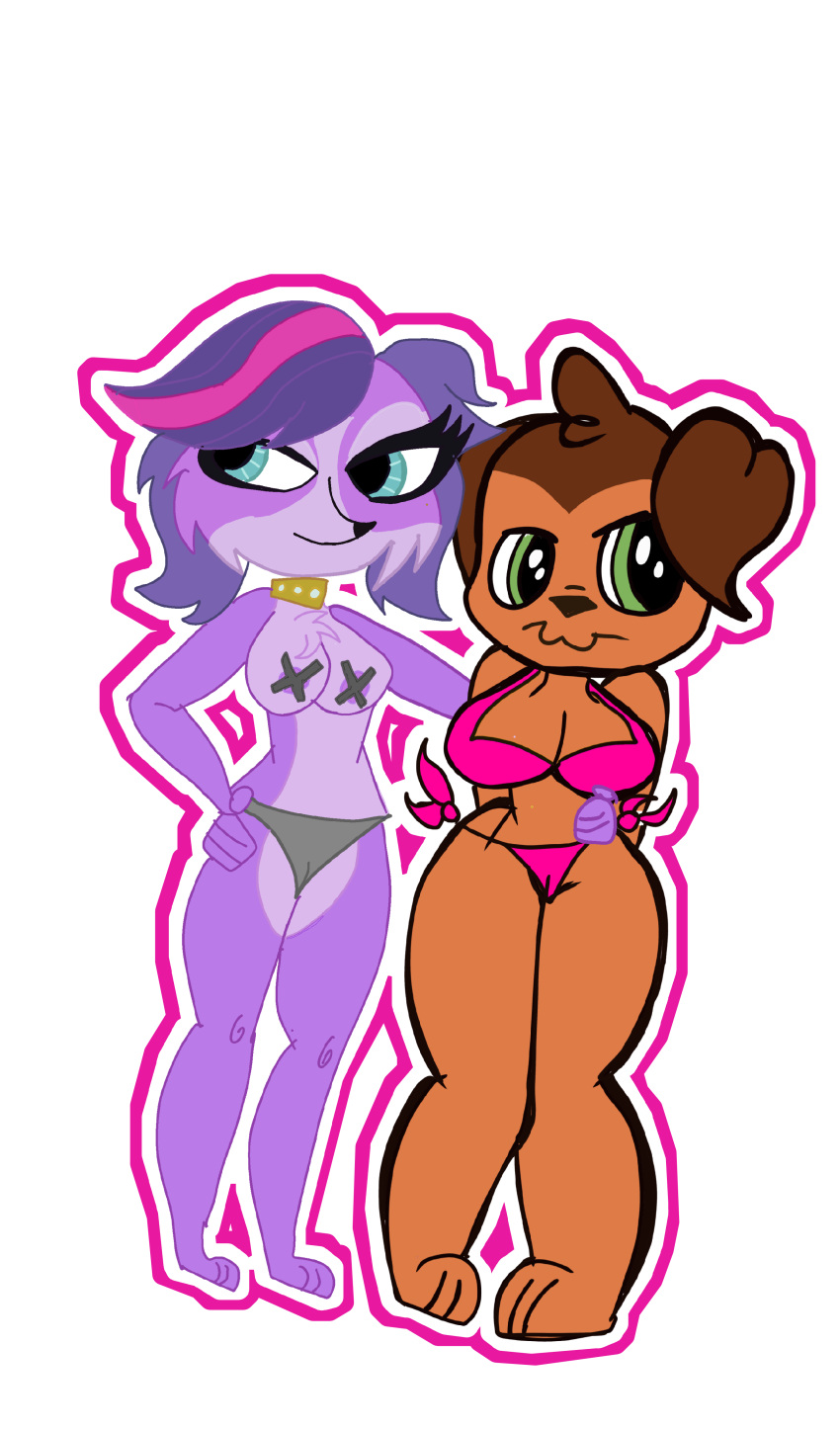 absurd_res anthro bikini cabra_fantasmagorica canid clothing collar duo female hasbro hi_res littlest_pet_shop mammal nipple_piercing nipples piercing savanah_(lps_popular) swimwear zoe_trent