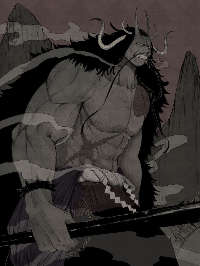 1boy abs absurdres bake_ryori beard black_hair bracelet clenched_teeth club_(weapon) collarbone commentary curled_horns empty_eyes english_commentary facial_hair highres holding holding_weapon horns jewelry kaidou_(one_piece) kanabou long_hair male_focus mustache one_piece oni outdoors scar scar_on_chest solo spiked_bracelet spikes teeth topless_male weapon