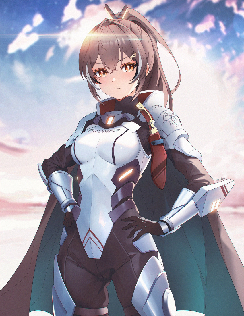 1girl armor black_bodysuit black_cape black_gloves blue_sky bodysuit breastplate breasts brown_eyes brown_hair cape closed_mouth cloud cloudy_sky cowboy_shot day frown full_armor gloves green_cape hands_on_own_hips head_wings helldivers_(series) high_ponytail highres hololive hololive_english knife kukri large_breasts legs_apart lens_flare long_hair looking_at_viewer multicolored_hair nanashi_mumei outdoors pauldrons shoulder_armor sidelocks sk_jynx sky solo streaked_hair two-sided_cape two-sided_fabric v-shaped_eyebrows vambraces virtual_youtuber white_hair wings