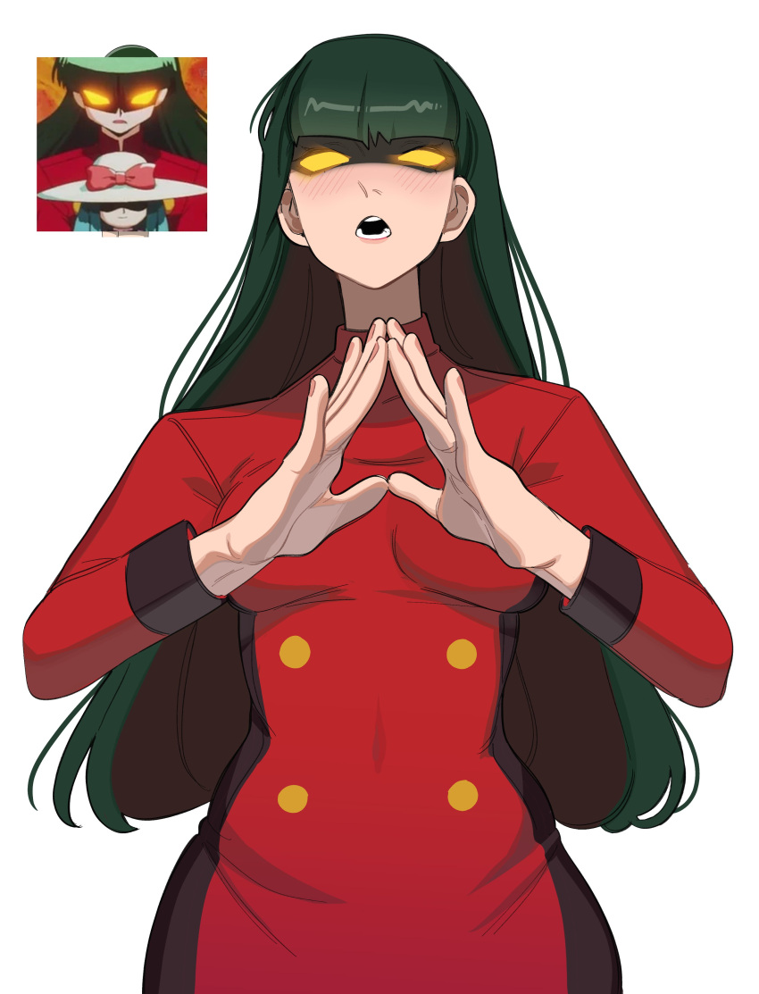 1girl absurdres blunt_bangs blush cowboy_shot dress glowing glowing_eyes green_hair hand_gesture highres long_hair long_sleeves looking_at_viewer looking_down open_mouth pokemon pokemon_(anime) porqueloin red_dress sabrina_(pokemon) shaded_face solo standing white_background yellow_eyes