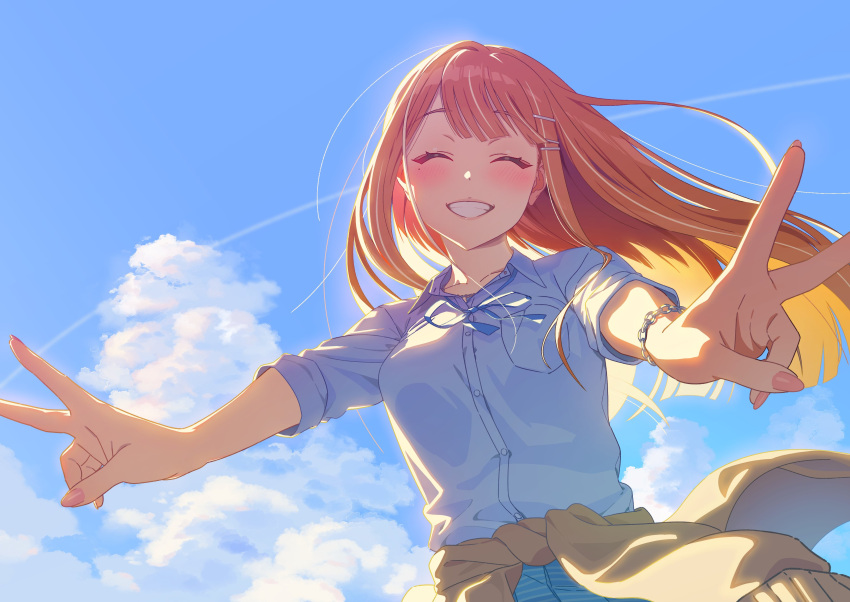 1girl absurdres blue_sky blush breast_pocket brown_sweater chain_bracelet closed_eyes clothes_around_waist cloud cloudy_sky day double_v gakuen_idolmaster grin highres idolmaster jewelry long_hair mole mole_under_eye multicolored_hair orange_hair outdoors pocket shirt shiun_sumika sky sleeve_rolled_up smile solo streaked_hair sweater sweater_around_waist tonegawa_ribu v white_hair white_shirt