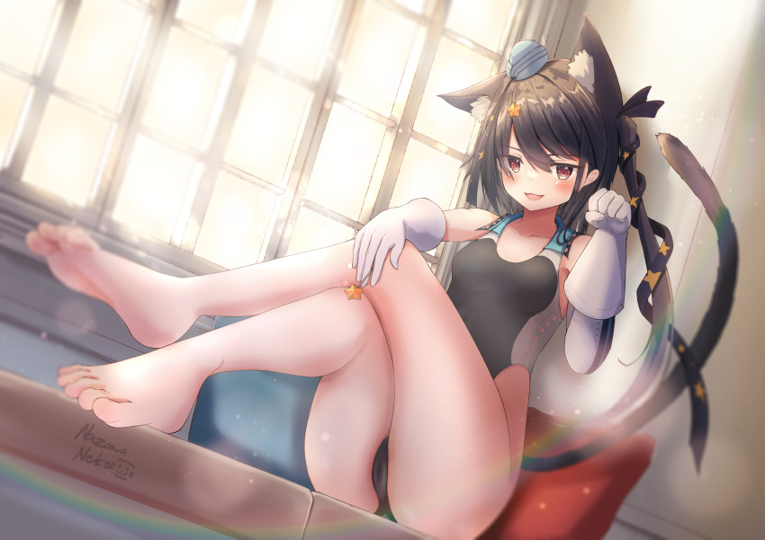 1girl animal_ears aqua_hat artist_name barefoot black_hair black_one-piece_swimsuit black_ribbon breasts brown_eyes cat_ears cat_tail competition_swimsuit dutch_angle extra_ears feet garrison_cap gloves hair_ornament hat highleg highleg_swimsuit highres kantai_collection long_hair looking_at_viewer medium_breasts nazono_neko one-piece_swimsuit paw_pose ribbon scamp_(kancolle) side_ponytail sitting smile soles solo star_(symbol) star_hair_ornament swimsuit tail toes two-tone_one-piece_swimsuit white_gloves window