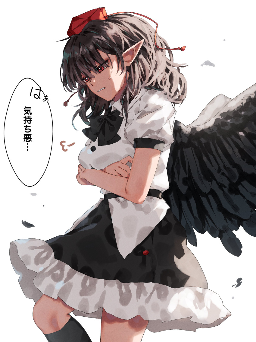 1girl absurdres bird_wings black_bow black_bowtie black_hair black_skirt black_socks black_wings bow bowtie breasts buttons check_translation clenched_teeth collared_shirt commentary cowboy_shot crossed_arms feathers frilled_skirt frills from_side hat highres kneehighs long_hair looking_down medium_breasts pointy_ears puff_of_air puffy_short_sleeves puffy_sleeves red_eyes red_hat shameimaru_aya shirt short_sleeves simple_background skirt socks solo sweat teeth tokin_hat touhou translation_request tsuyuji_shigure white_background white_shirt wings