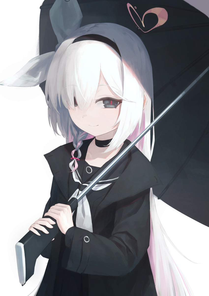 1girl absurdres black_choker black_coat black_eyes black_hairband black_sailor_collar black_serafuku black_shirt blue_archive braid choker closed_mouth coat colored_inner_hair hair_over_one_eye hair_ribbon hairband highres holding holding_umbrella long_hair looking_at_viewer multicolored_hair neckerchief pink_hair plana_(blue_archive) red_pupils ribbon sailor_collar school_uniform serafuku shirt simple_background single_braid smile solo tokaki umbrella umbrella_gun upper_body white_background white_hair white_neckerchief white_ribbon