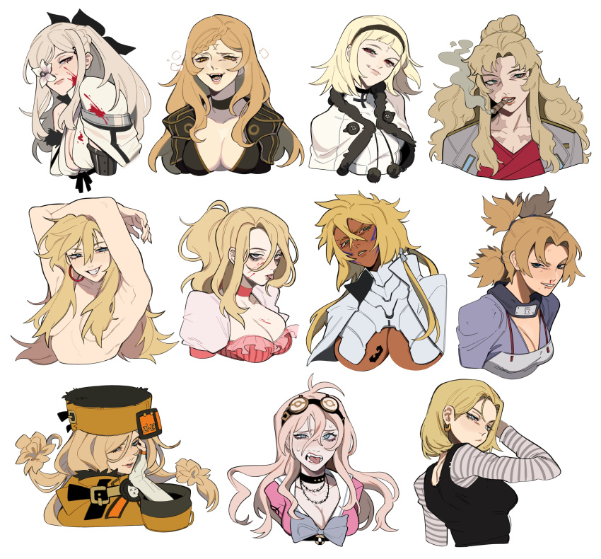 6+girls :p absurdres ahoge android_18 arms_up arrancar bad_girl balalaika_(black_lagoon) black_bow black_hairband black_lagoon bleach blonde_hair blood blood_on_clothes blood_on_face blue_eyes blunt_bangs bow breast_tattoo breasts burn_scar capelet cigar cleavage convenient_censoring crossover dark-skinned_female dark_skin drag-on_dragoon drag-on_dragoon_3 dragon_ball dress earrings facial_mark fingerless_gloves flower flower_over_eye forehead_mark forehead_protector frills fur_hat fur_trim gloves green_eyes grin guilty_gear guilty_gear_xrd hair_between_eyes hair_bow hair_censor hair_over_breasts hairband hat highres huge_breasts jewelry large_breasts long_hair long_sleeves looking_at_viewer medium_breasts medium_hair millia_rage mole mole_under_eye multiple_crossover multiple_girls naruto naruto_(series) no_more_heroes nosebleed nude number_tattoo one_(drag-on_dragoon) panty_&amp;_stocking_with_garterbelt panty_(psg) ponytail porqueloin quad_tails red_eyes revealing_clothes roman_numeral scar scar_on_face shirt short_bangs short_hair simple_background smile smoking striped_clothes striped_shirt sunagakure_symbol tattoo temari_(naruto) tier_harribel tongue tongue_out trait_connection underboob ushanka white_background white_capelet white_hair zero_(drag-on_dragoon)