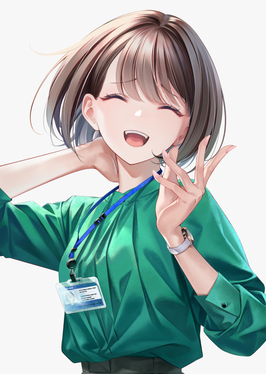 1girl :d ^_^ brown_hair closed_eyes commentary_request facing_viewer green_shirt grey_background hand_on_own_neck highres id_card lanyard office_lady open_mouth original shirt shirt_tucked_in short_hair simple_background smile solo sousou_(sousouworks) teeth upper_body upper_teeth_only watch white_background wristwatch
