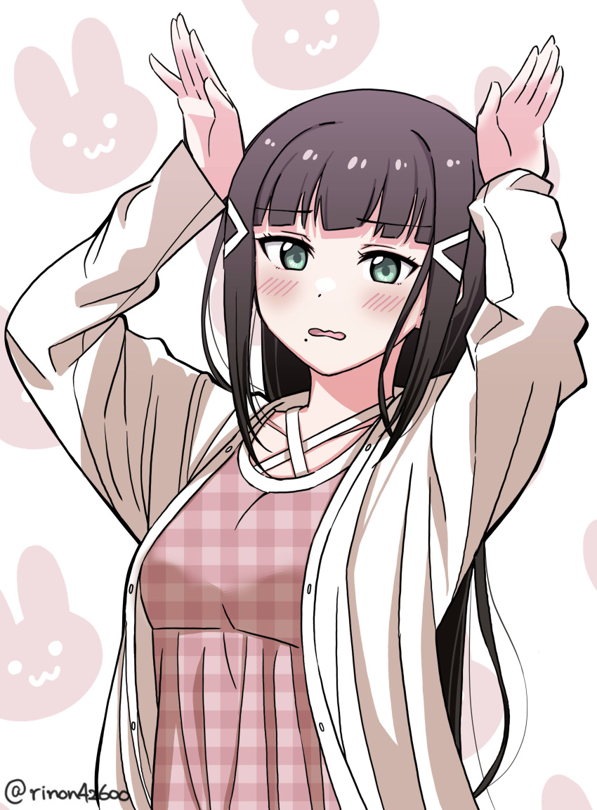 1girl absurdres black_hair blunt_bangs blush cardigan chinese_zodiac commentary_request dress green_eyes highres kurosawa_dia long_hair long_sleeves looking_at_viewer love_live! love_live!_sunshine!! open_cardigan open_clothes parted_lips pink_dress plaid plaid_dress rabbit_pose rinon42600 sidelocks solo twitter_username upper_body wavy_mouth white_background white_cardigan year_of_the_rabbit