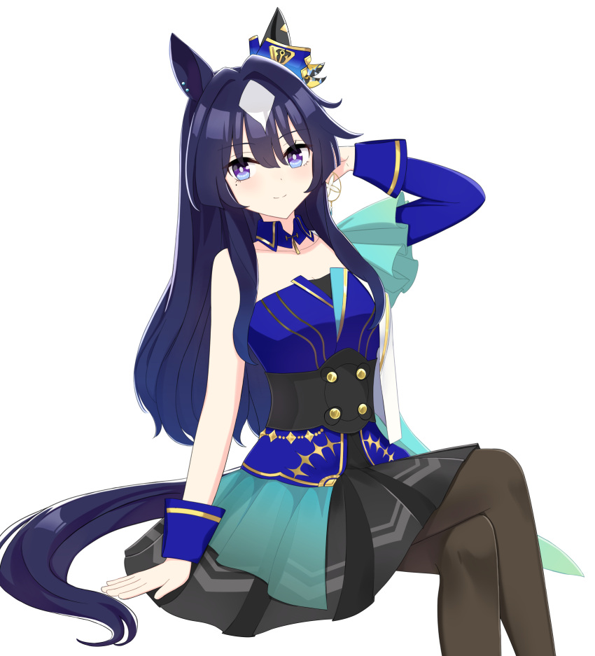 1girl animal_ears asymmetrical_clothes bare_shoulders blue_hair blush breasts cleavage closed_mouth commentary_request dark_blue_hair earrings feet_out_of_frame hair_between_eyes hair_ornament highres horse_ears horse_girl horse_tail jewelry long_hair looking_at_viewer medium_breasts pantyhose purple_eyes purple_hair shimizu_motosuke shoes simple_background single_earring skirt smile solo standing tail umamusume uniform verxina_(umamusume) white_background