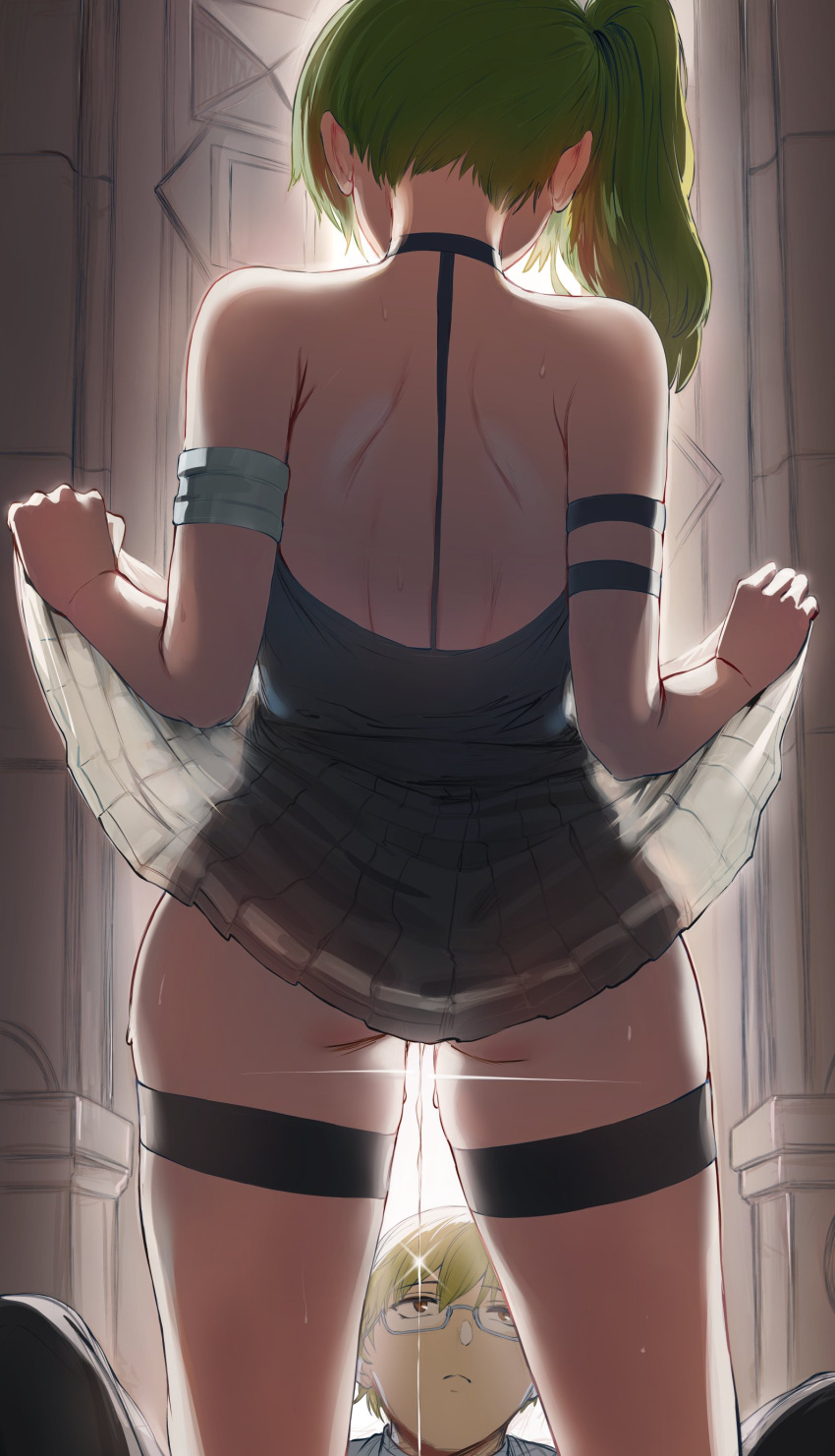 1boy 1girl absurdres armlet ass backless_dress backless_outfit backlighting black_choker blonde_hair choker clothes_lift door dress dress_lift english_commentary frown glasses green_hair hetero hews highres indoors land_(sousou_no_frieren) lifted_by_self long_hair looking_at_another looking_up presenting pussy_juice short_hair side_ponytail sleeveless sleeveless_dress sousou_no_frieren sweat thigh_strap thighs ubel_(sousou_no_frieren)