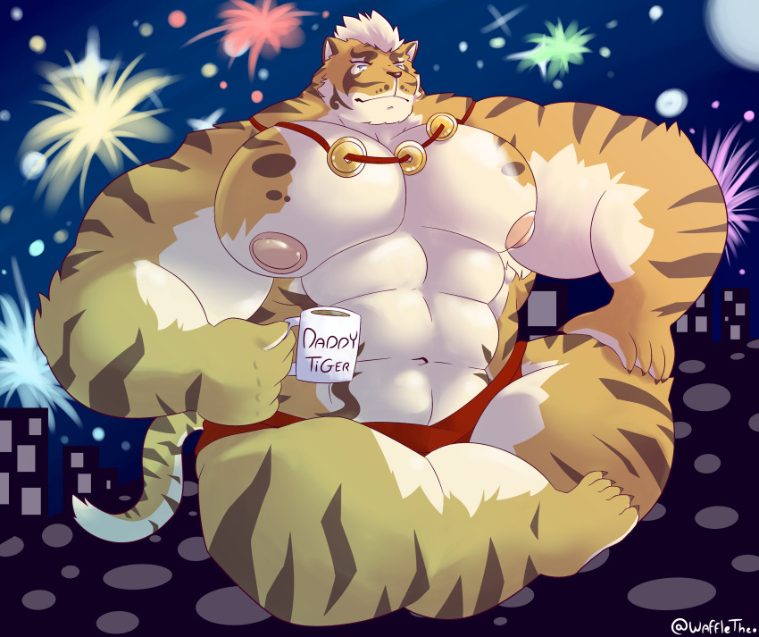 2022 abs absurd_res anthro beverage big_muscles big_nipples big_pecs countershading crossed_legs eyes_closed felid fireworks fur hair hi_res holding_beverage holding_object huge_muscles huge_pecs hyper hyper_muscles lin_hu male mammal mug muscular muscular_anthro muscular_male navel nekojishi nipples orange_body orange_fur pantherine pecs pink_nipples sitting skyline solo stripes studio_klondike tiger waffletheo white_body white_fur white_hair