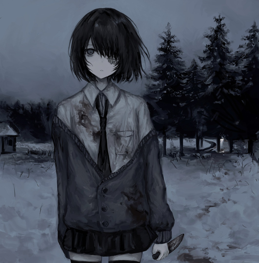 1girl arms_at_sides black_hair black_necktie black_skirt black_thighhighs blood blood_on_clothes blood_on_knife blood_trail breast_pocket cardigan chan8016 collared_shirt cowboy_shot empty_eyes expressionless gauze gauze_over_eye grey_cardigan grey_eyes highres holding holding_knife knife necktie one_eye_covered original outdoors pale_skin parted_lips partially_unbuttoned pocket school_uniform shirt short_hair single_sleeve_past_fingers skirt snow solo teeth thighhighs tree white_shirt