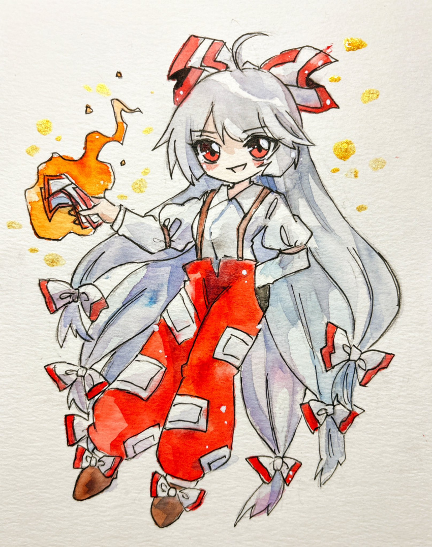 1girl absurdly_long_hair ahoge bow brown_footwear collared_shirt commentary fire footwear_bow fujiwara_no_mokou full_body grey_hair hair_bow hand_in_pocket highres holding_ofuda juliet_sleeves key747h long_hair long_sleeves looking_at_viewer ofuda ofuda_on_clothes open_mouth painting_(medium) pants puffy_sleeves red_bow red_eyes red_pants shirt smile solo touhou traditional_media very_long_hair watercolor_(medium) white_bow white_shirt