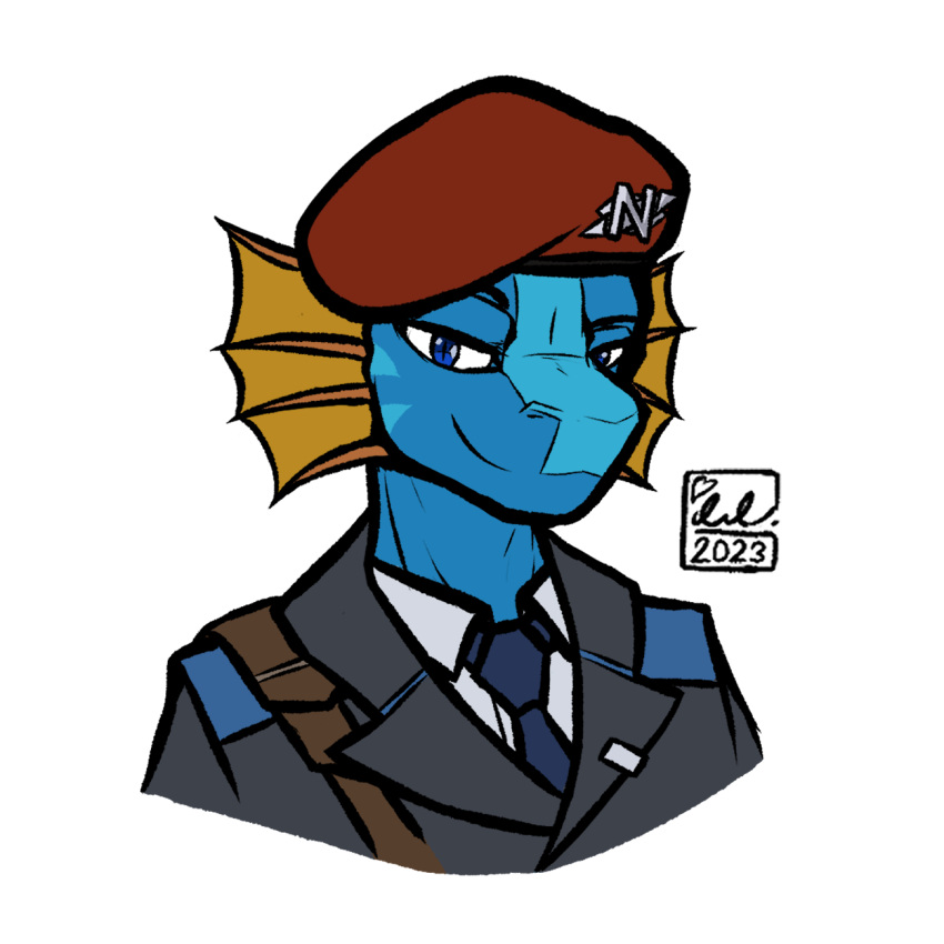 anthro beret blue_body blue_eyes blue_scales clothing emilitia_ennehrt frill_(anatomy) hat headgear headshot_portrait headwear hi_res lizard male necktie portrait reptile scales scalie smile solo space_station_13 srusu_rskuzu_(character) suit unathi uniform