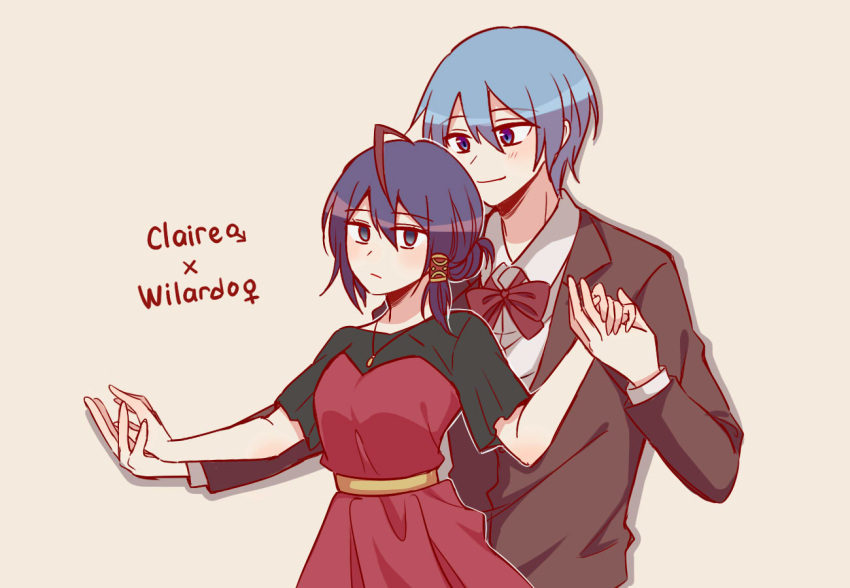 1boy 1girl ahoge biyo black_eyes black_sleeves black_suit blue_eyes blue_hair bow bowtie character_name claire_elford closed_mouth collared_shirt dancing dark_blue_hair dress expressionless genderswap genderswap_(ftm) genderswap_(mtf) holding_hands jewelry mars_symbol multicolored_hair necklace outline red_bow red_bowtie red_dress red_hair shirt short_hair simple_background single_hair_tube smile streaked_hair suit venus_symbol white_outline white_shirt wilardo_adler witch's_heart yellow_background yellow_trim