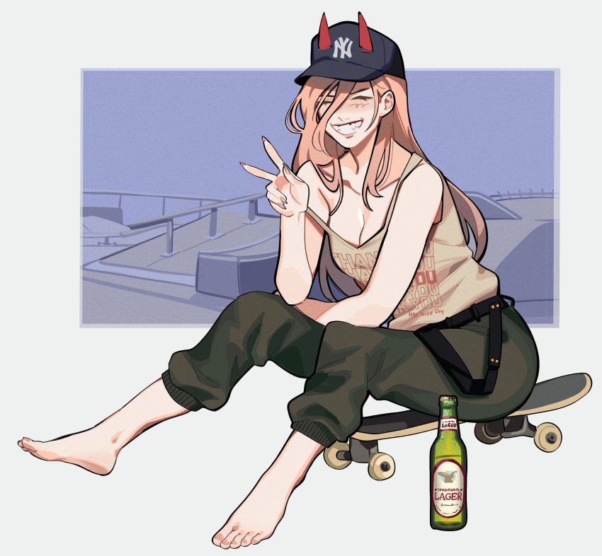 1girl :d absurdres barefoot baseball_cap beer_bottle belt black_belt blush chainsaw_man closed_eyes demon_horns green_pants grin happy hat highres horns new_york_yankees orange_hair pants pink_nails porqueloin power_(chainsaw_man) print_shirt red_horns shirt sitting skateboard smile solo strap_slip tank_top toes v